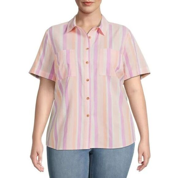 Terra & Sky Women's Plus Size 4x  Button Front Camp Shirt peach pink striped - Picture 1 of 15